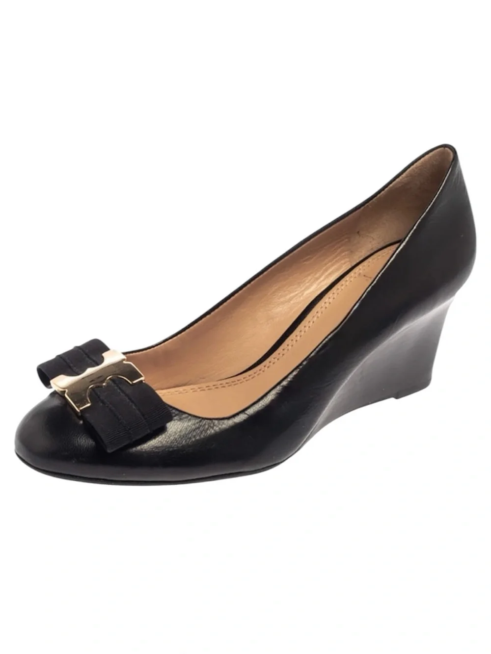Tory Burch Black Leather Gold Gemini Link Bow Wedge Pumps Size 10.5
